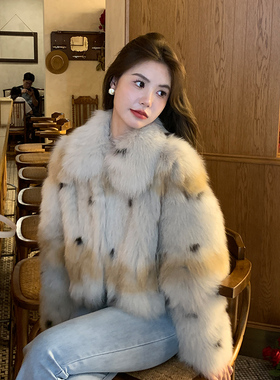 GHJOD studio 山猫纹进口狐狸毛腹毛时尚短款皮草外套女毛毛大衣