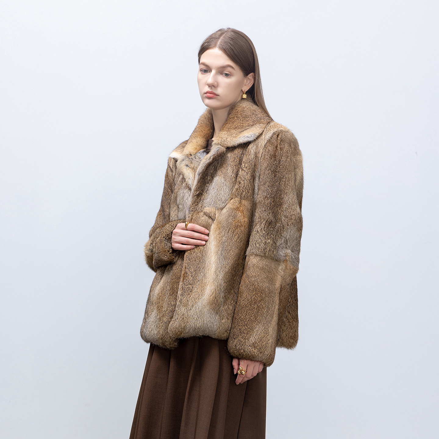 GHJOD双色晕染翻领兔皮草外套女