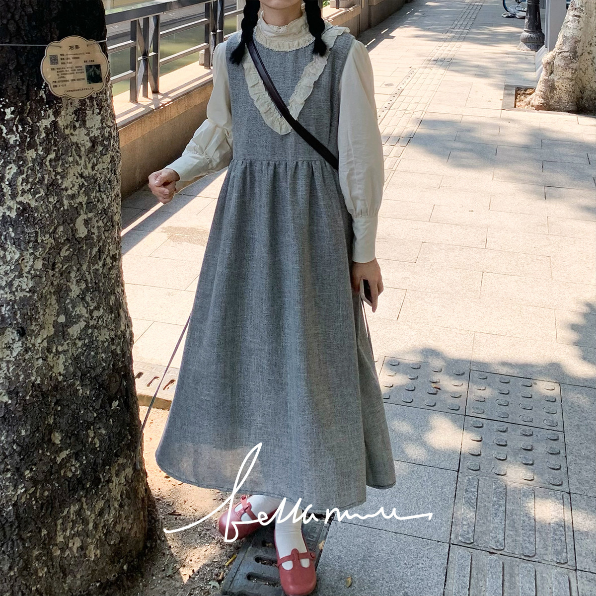 19新品】落难公主 杂灰色花边领圆领系带背心裙秋冬打底裙