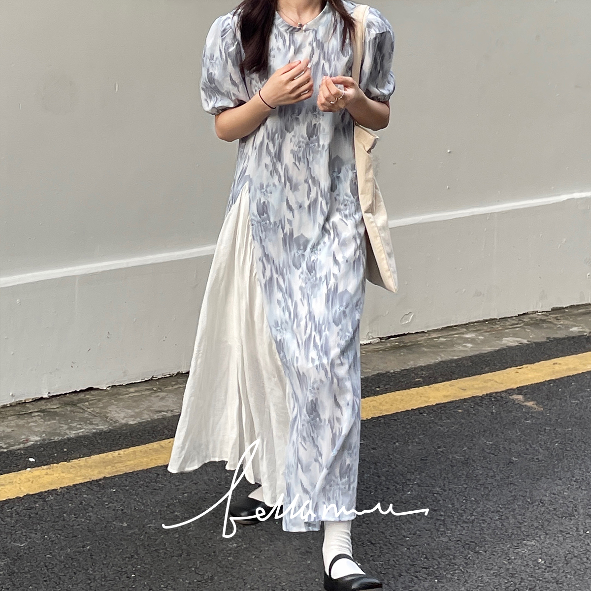 【BM经典系列】改良新中式蓝拼白夏季清凉旗袍裙显瘦收腰连衣裙
