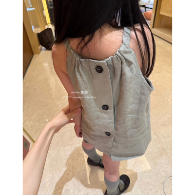 chocho童装全亚麻灰绿后开扣套装