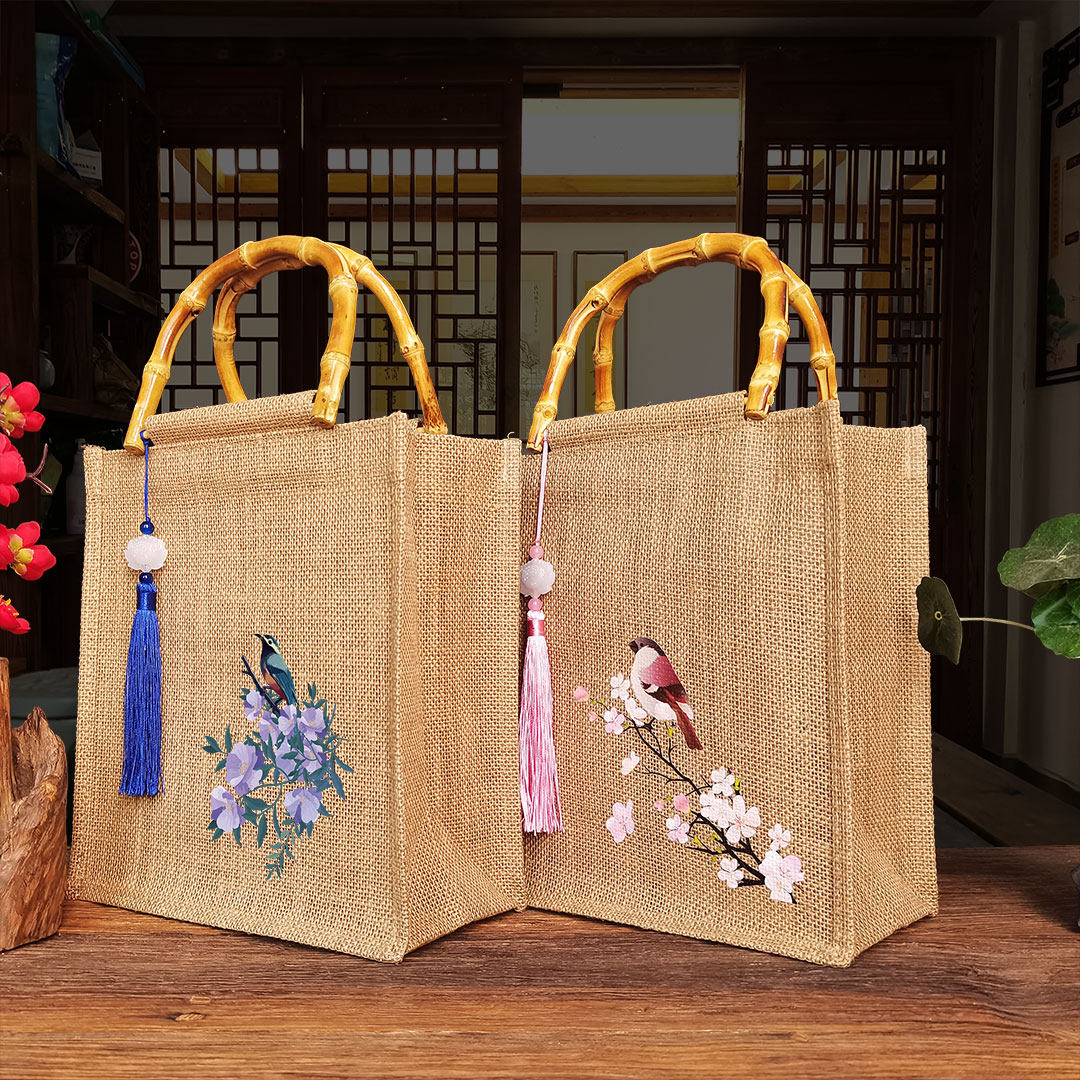 复古麻布袋竹节把古风花鸟黄麻袋