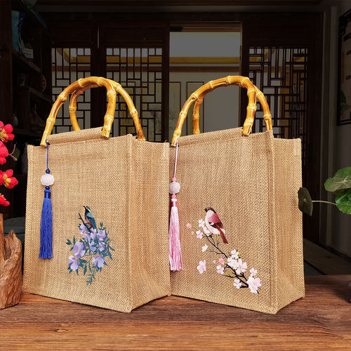 复古麻布袋竹节把古风花鸟黄麻袋