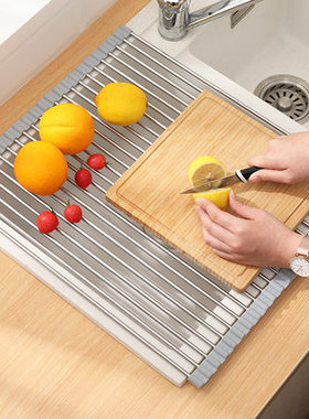 沥水架水槽碗筷置物架矽胶厨具折叠沥水碗架304不锈钢卷帘黑灰色