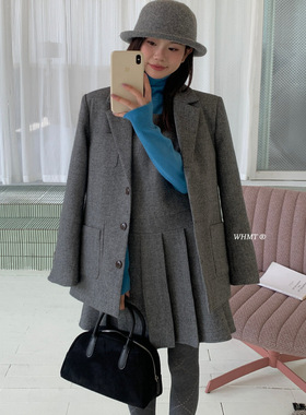 RS.WHMT正品十三行羽绒连衣裙套装女冬季翻领西装外套背心裙韩系