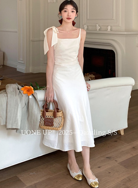 UONE十三行新款法式优雅气质连衣裙吊带裙女夏季蝴蝶结显瘦裙子