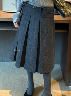 KAPOK正品十三行羊毛呢百褶半身裙长裙冬季高腰显瘦百搭减龄保暖