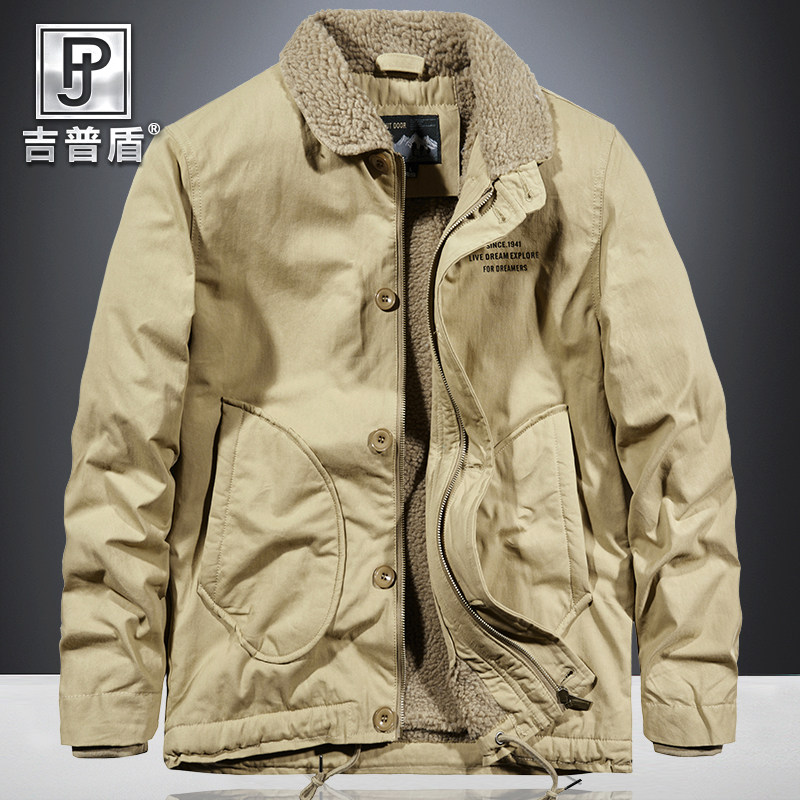 吉普盾秋冬季牛仔夹克外套男翻领羊羔毛加绒加厚棉衣服军工装潮牌|ruв категории Мужская одежда, хлопок - от Buy2taobao.com для оказания профессиональной услуги покупки агента Taobao