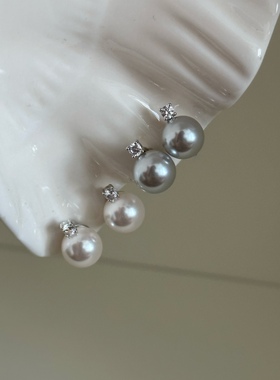 珍珠锆石 经典款百搭简约设计 白色灰色珍珠耳环 无痛耳夹女 通勤