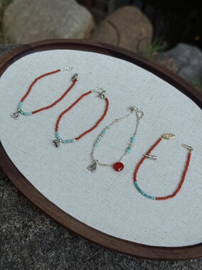 天然南红绿松石手链极细单圈手串女款古朴泰银手链小众精致叠带