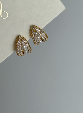 温柔精致蕾丝花边珍珠弧形设计 锆石珍珠耳环 无痛无耳洞耳夹女