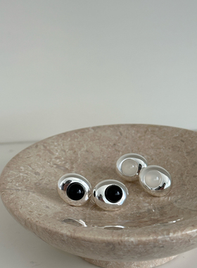 高级极简风设计 天然黑白玛瑙椭圆形耳环耳饰 无痛无耳洞耳夹女