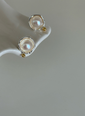 淡水珍珠 简约小众设计感 银色不规则肌理耳环 无痛无耳洞耳夹女