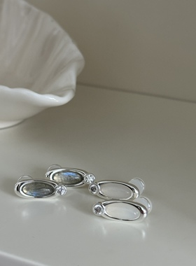 天然石拉长石白玛瑙 椭圆形极简设计锆石耳环 小众高级无耳洞耳夹