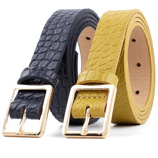 饰细腰带女 连衣裙装 新款 女士鳄鱼纹方扣宽皮带黑黄墨绿驼色牛仔裤