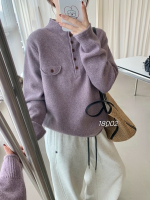 2025秋装新款韩版半高领纽扣针织开衫女宽松假口袋毛衣外套18002