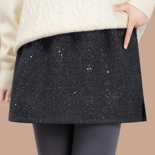 高级感2025新款遮臀小香风A字短裙百搭黑色亮片屁帘女叠穿鲨鱼裤