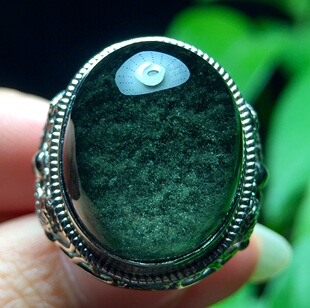 正品天然绿幽灵聚宝盆戒指925纯银镶活口男女款高端大气新年礼物