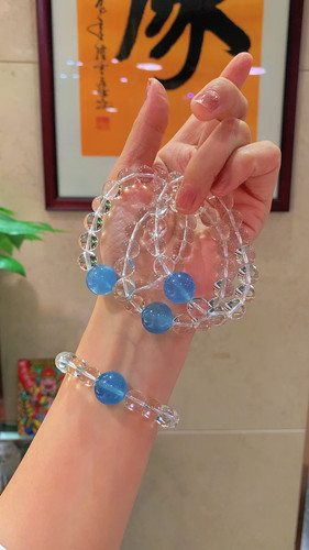 一念七宝正品天然白水晶海蓝宝手链手串女款单圈水晶手串饰品礼物