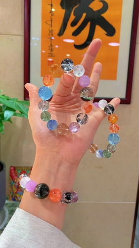 正品天然海蓝宝水晶多宝手链手串男女款发晶手串大金超手链大颗粒