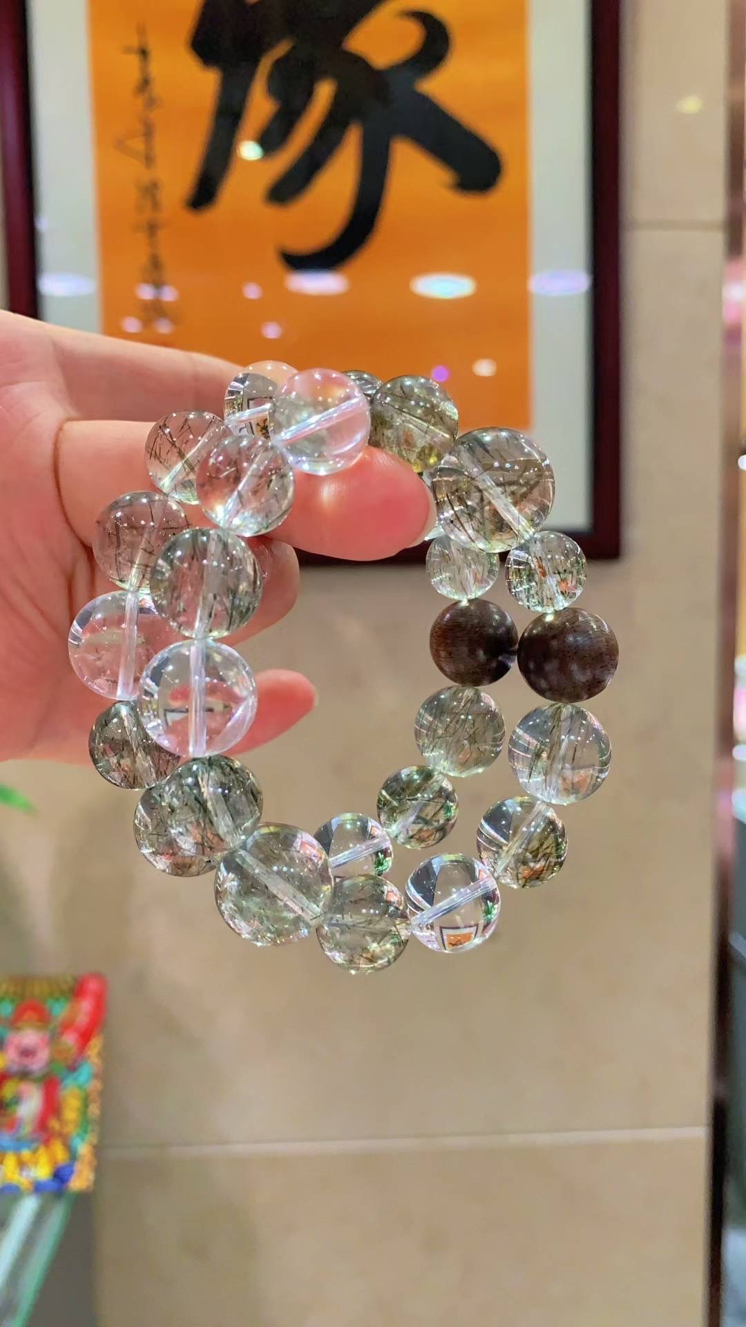 正品天然绿碧玺融合白水晶黑金超七水晶手串手链新中式水晶手链手