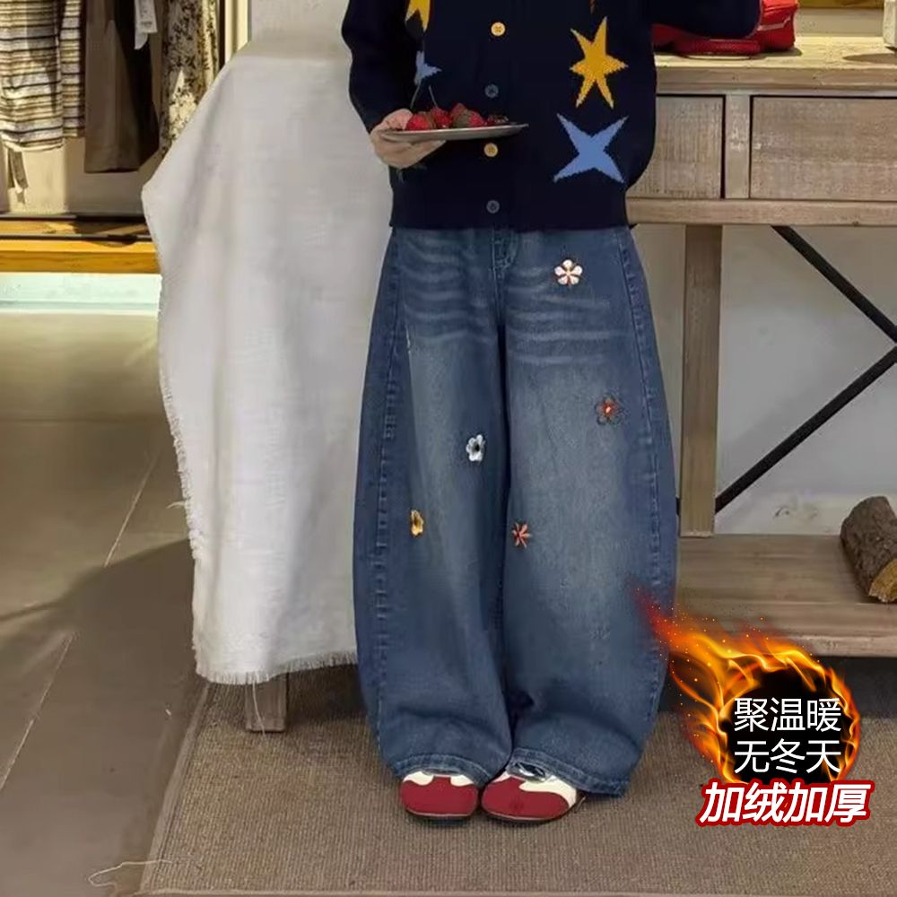 女童加绒加厚牛仔裤2025冬季韩版中大童洋气一体绒宽松弯刀阔腿裤