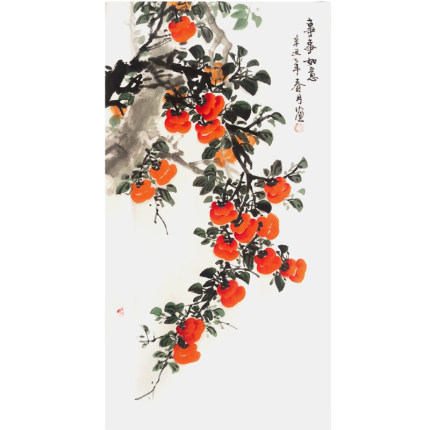 纯手绘事事如意水墨画柿子图客厅新中式玄关国画代画餐厅挂画