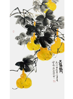 百分原创国画五福临门手绘葫芦画