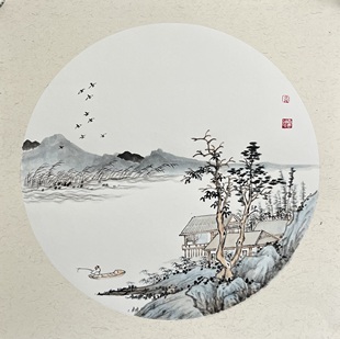 纯手绘斗方山水画水墨国画办公室客厅沙发正方形壁画玄关挂画真迹