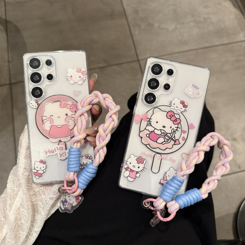 ins可爱韩系卡通KT猫适用三星s24手机壳s25ultra保护套磁吸卡通支架手链S22plus防摔S24 ultra女款S23软套s25