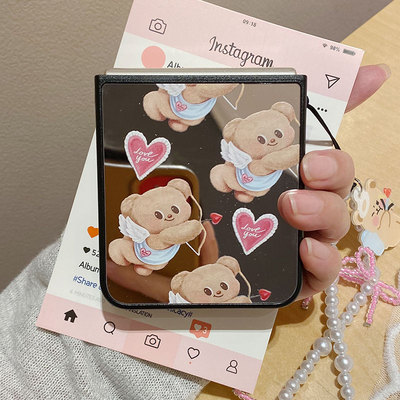 镜面卡通黄油小熊适用华为Purax手机壳pocket2小米MIXFlip2荣耀v flip翻盖oppofindn3flip三星zflip6/7保护套