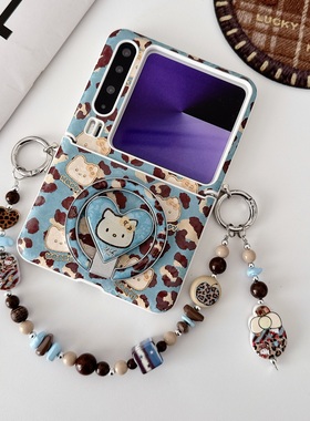 ins韩系蓝色豹纹KT猫适用华为Purax手机壳pocket2小米MIXFlip荣耀vflip手链oppofindn3flip摩托罗拉r60保护套