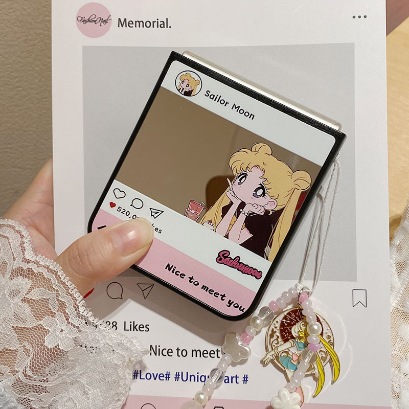 ins镜面卡通美少女适用华为Purax手机壳pocket2小米MIXFlip2补妆镜荣耀flip折叠vivoxflip三星zflip6/7保护套