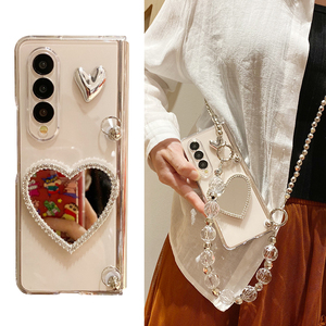 ins日韩爱心补妆镜子适用三星galaxyZFold4手机壳W23 5G创意个性镜面fold3斜挎w22保护套fold5套zfold6保护套