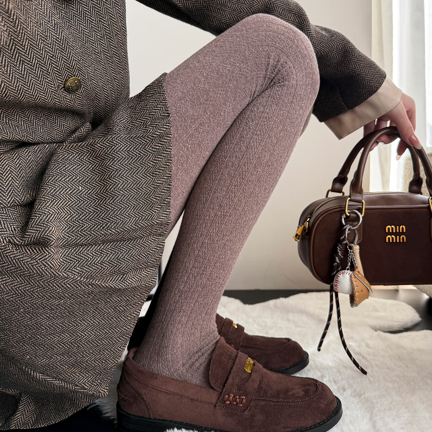 美拉德奶咖色麻花纹加厚打底裤女