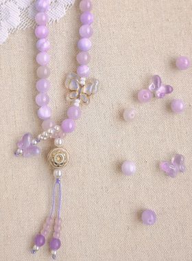 新中式优化天然石手机链长款紫色少女心高颜值设计夏季清新串珠链