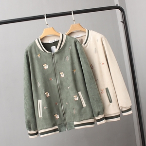 秋冬女装新款加肥加大码胖MM200斤宽松小狐狸刺绣麂皮绒拉链外套