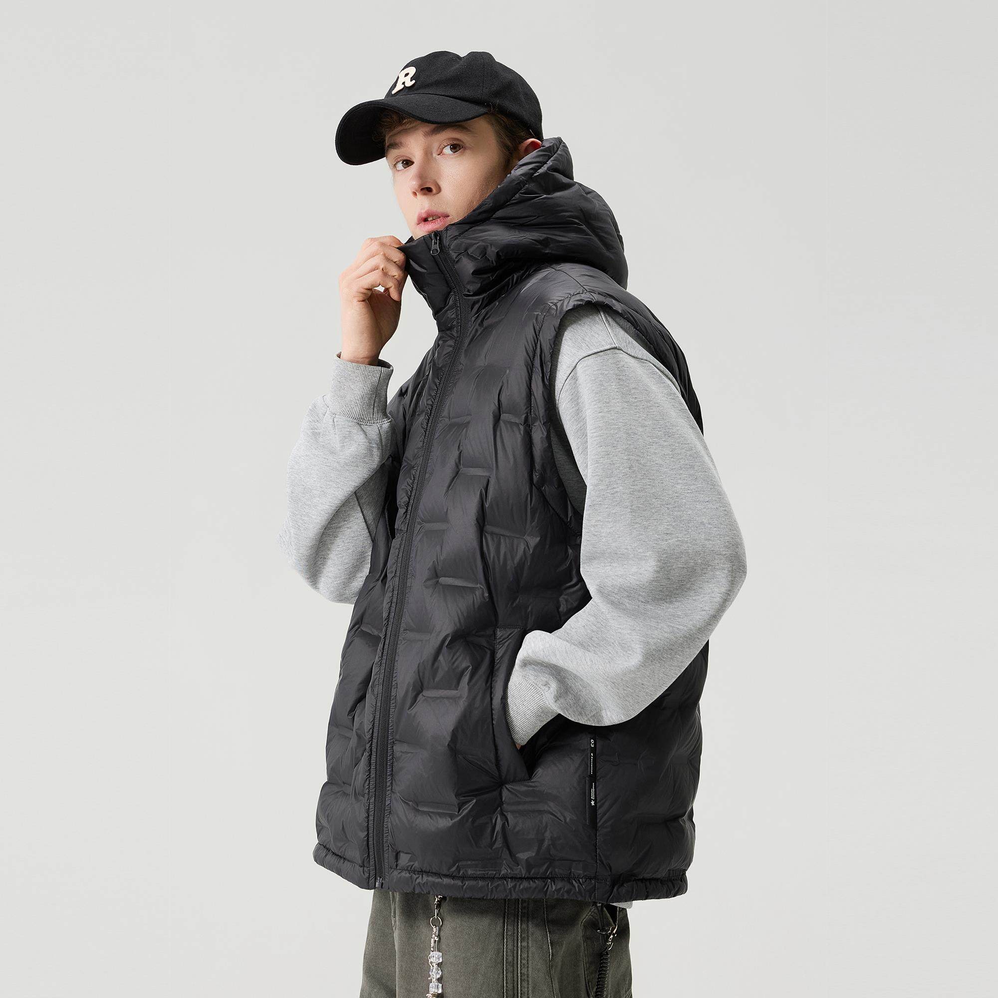 DPX90白鸭绒连帽排骨羽绒马甲男款冬季美式大码宽松压花坎肩外套