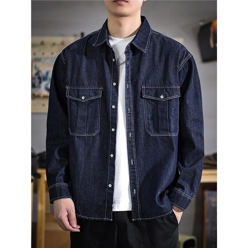 美式复古明线原色牛仔衬衫男2025春季新款多口袋宽松休闲衬衣外套