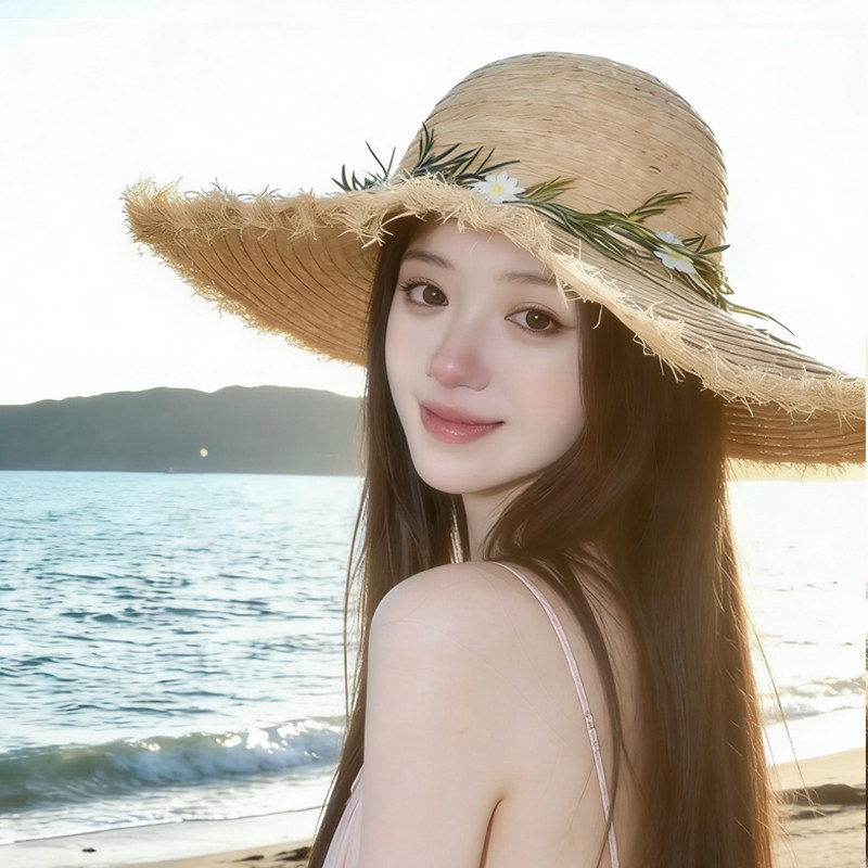 2026新款度假风小蹴鞠花朵草帽女大檐海边沙滩遮阳太阳防晒草编帽