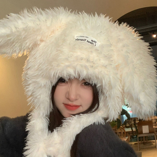 甜美可爱长毛兔子耳朵帽子毛绒帽女秋冬季加厚保暖防寒网红雷锋帽