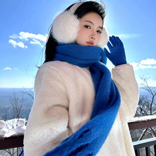 2025新款仿羊绒雾霾蓝马海毛围巾秋冬季女毛绒护耳罩加厚保暖围脖