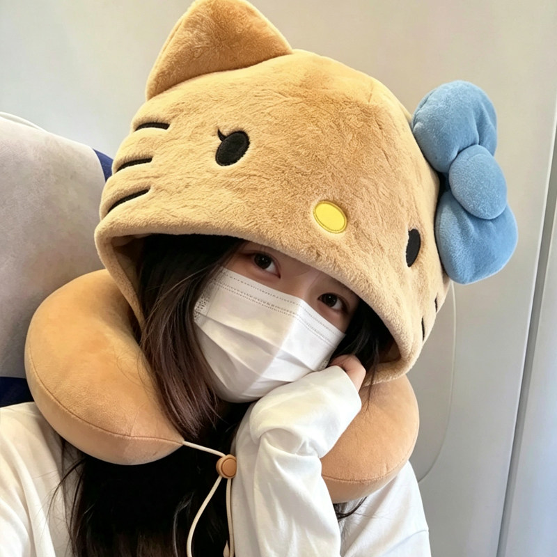 卡通Hello Kitty猫U型枕连帽毛绒护颈椎高铁旅行飞机便携午睡靠枕