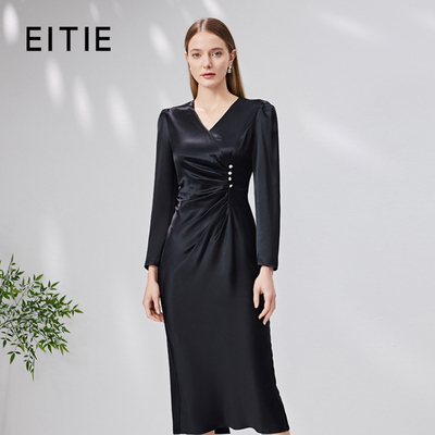 爱特爱精致钉珠缎面黑色礼服裙