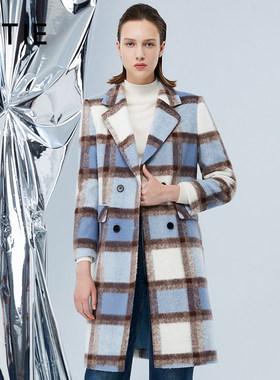[设计总监然姐]EITIE爱特爱气质西装领直筒蓝色格子羊毛呢大衣