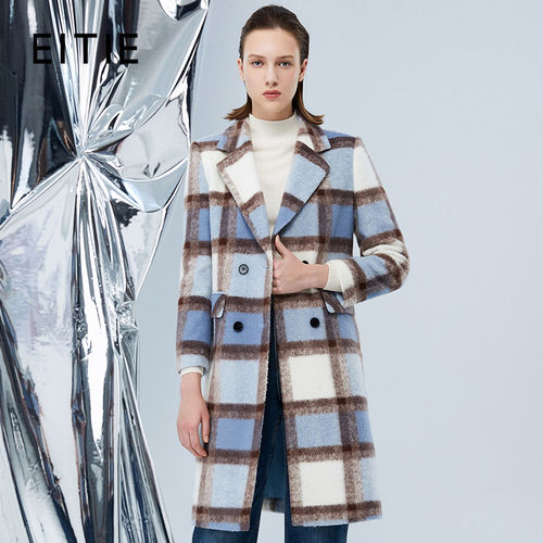 [设计总监然姐]EITIE爱特爱气质西装领直筒蓝色格子羊毛呢大衣