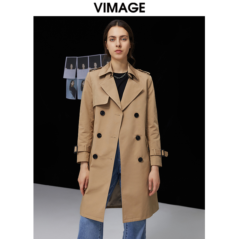 VIMAGE纬漫纪女装秋款经典翻领收腰中长款风衣女时尚简约显瘦外套