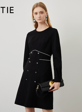 设计总监然姐EITIE爱特爱时尚撞色腰封设计通勤显瘦黑色连衣裙
