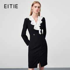 【设计总监然姐】EITIE爱特爱复古撞色荷叶领收腰包臀连衣裙显瘦
