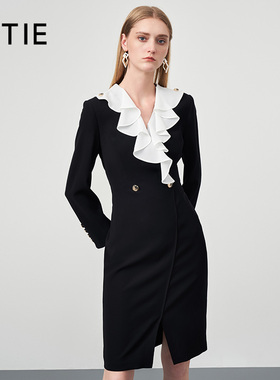 【设计总监然姐】EITIE爱特爱复古撞色荷叶领收腰包臀连衣裙显瘦